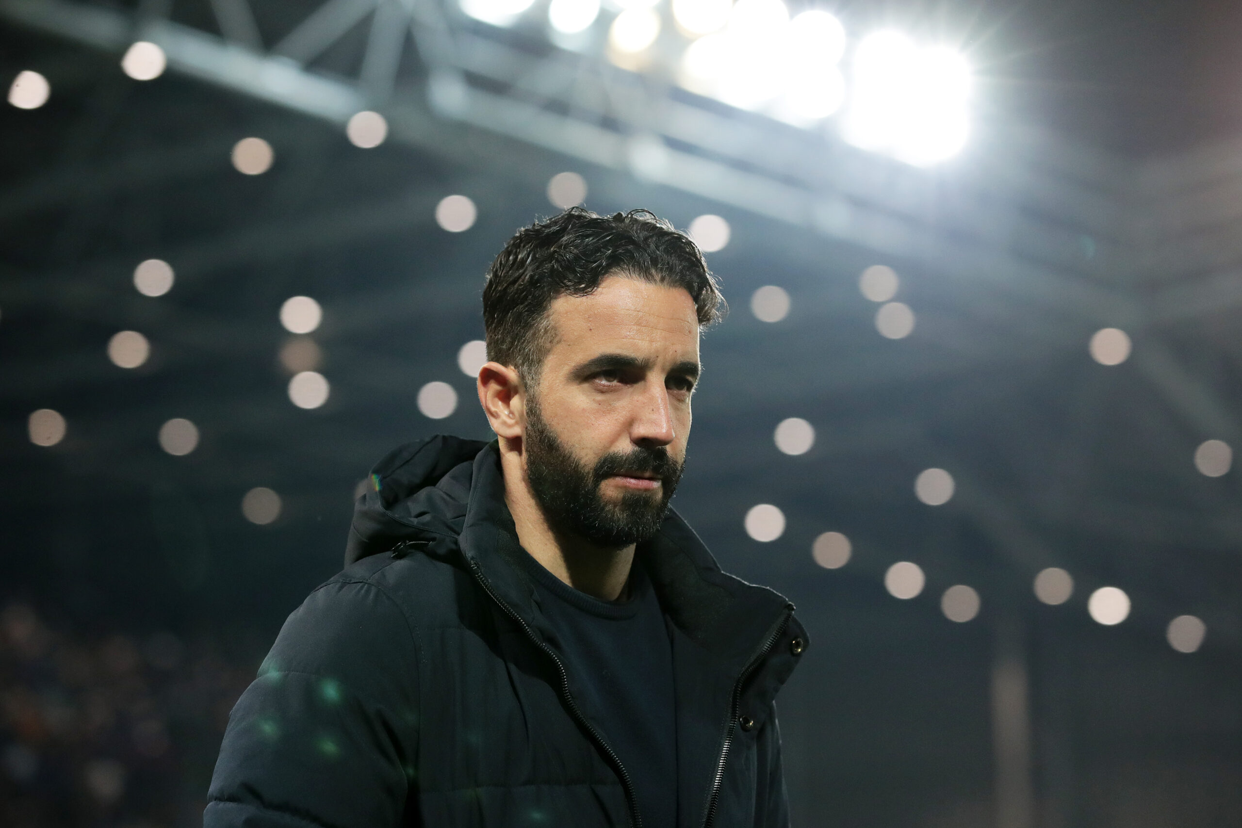 BERGAMO, ITALY - MARCH 14: Ruben Amorim, Head Coach of Sporting CP, looks on prior to the UEFA Europa League 2023/24 round of 16 second leg match between Atalanta and Sporting CP at the Stadio di Bergamo on March 14, 2024 in Bergamo, Italy. (Photo by Emilio Andreoli/Getty Images)