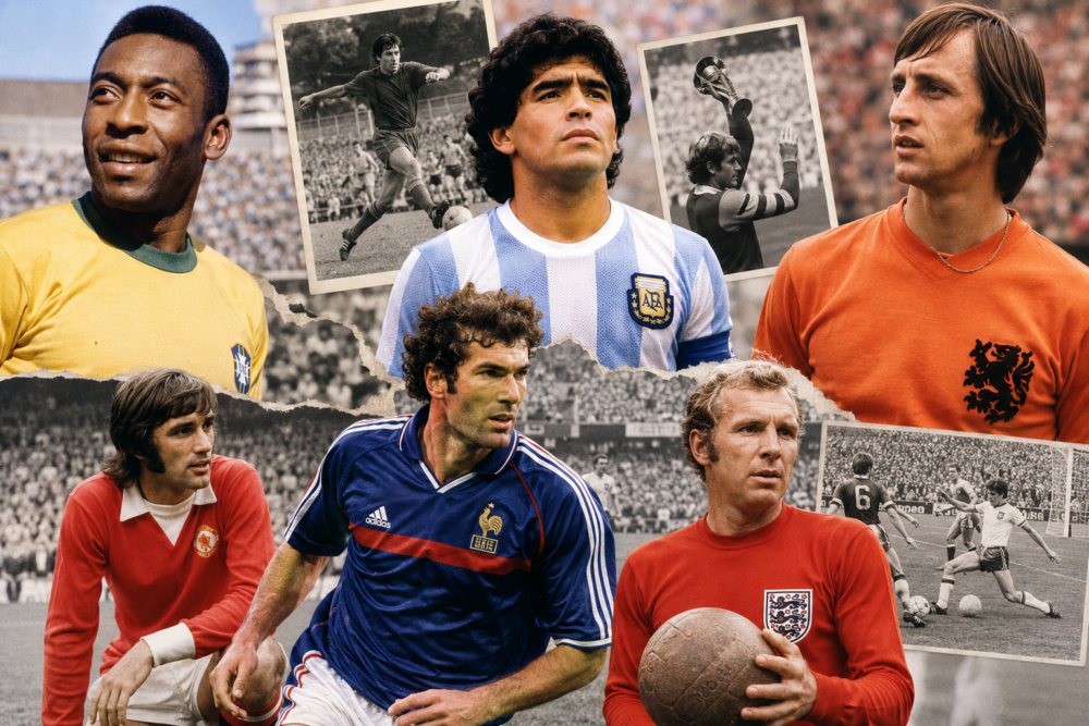 Football legends Pele, Maradona, Cruyff, Best, Zidane, Charlton