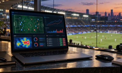 Laptop displaying xG football betting analytics with a stadium in the background