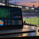 Laptop displaying xG football betting analytics with a stadium in the background