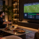Friends watching a football match on TV with total goals betting options displayed