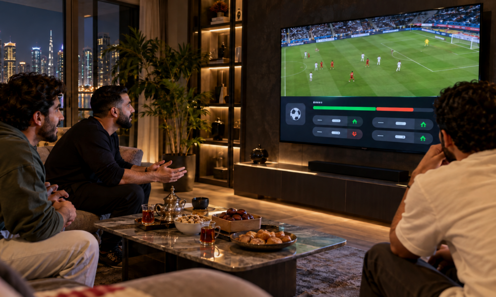 Friends watching a football match on TV with total goals betting options displayed